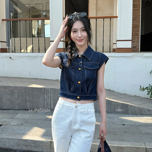 复古港风翻领短款 广州十三行2025夏季 牛仔小衫 22282 新品 女装