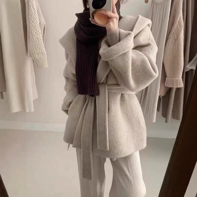 春秋款连帽双面羊绒大衣女小个子