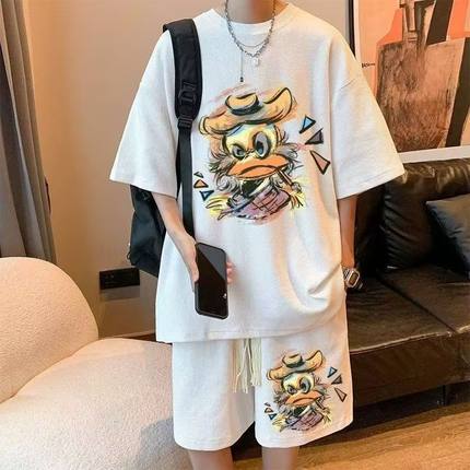 2025夏季新款港风潮牌时尚华夫格套装男士休闲百搭半袖ins两件套