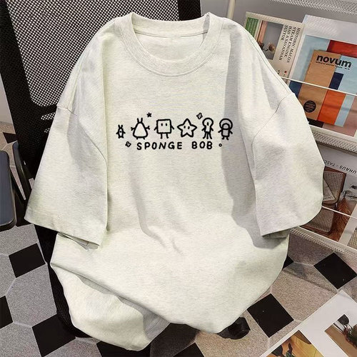 国潮美式复古短袖t恤男女夏季简约休闲百搭情侣宽松上衣体恤衫12