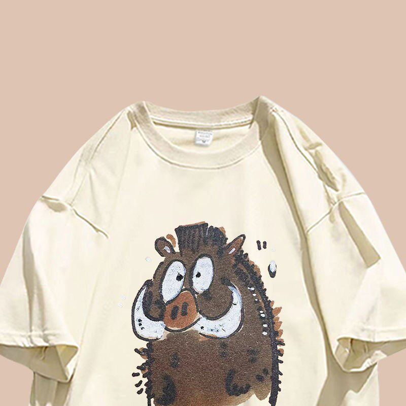 夏季小众港味男chic米色学院穿搭趣味卡通印花情侣装短袖T恤ins12