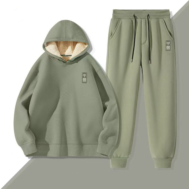 秋冬加绒保暖羊羔绒运动套装男卫衣卫裤两件套情侣款连帽上衣