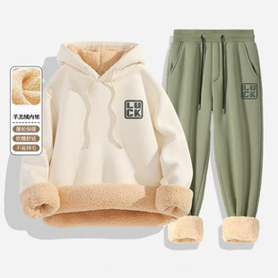 卫衣卫裤 加绒加厚保暖连帽外套休闲裤 男士 时尚 冬季 羊羔绒套装