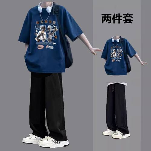 夏季潮牌学生短袖套装男生潮流T男装一套搭配休闲裤痞帅两件套
