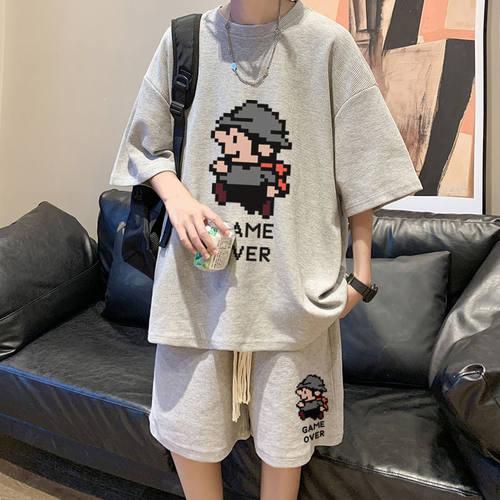 华夫格休闲运动服套装男夏季港风潮牌短袖短裤两件套青少年大码