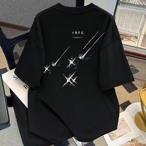 美式高街新款简约流星印花短袖t男夏季ins宽松百搭潮牌半袖上衣12