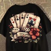 宽松高街ins学生上衣 t恤男国潮街头夏季 美式 复古扑克牌印花短袖