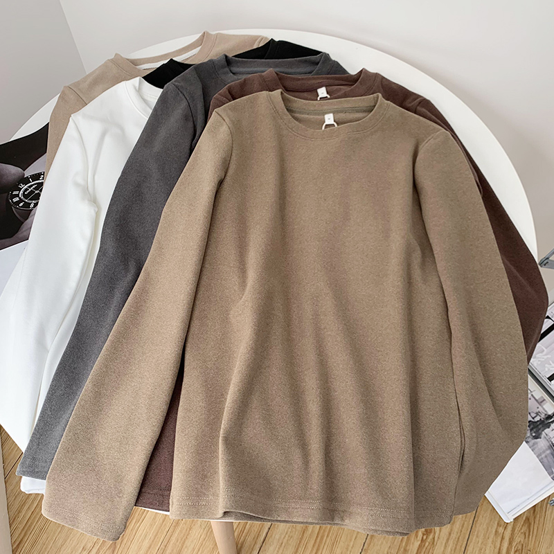 内搭加厚圆领德绒打底衫女白色磨毛简约百搭修身保暖长袖厚t恤冬
