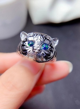 复古纯银镀白金男士女士本命年霸气老虎变彩黑欧泊戒指活口