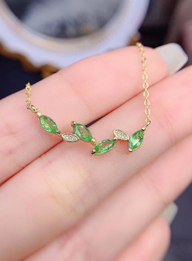 银镀黄金镶嵌天然沙弗莱只此青绿树叶时尚潮流小清新百搭锁骨链潮