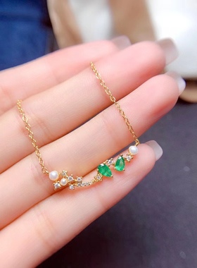 银镀黄金配钻镶嵌天然祖母绿水时尚珍珠星星月亮百搭小清新锁骨链