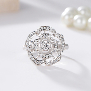 卓蝶珠宝纯银电镀18K白金山茶花镶钻戒指女ins风甜美气质百搭钻戒