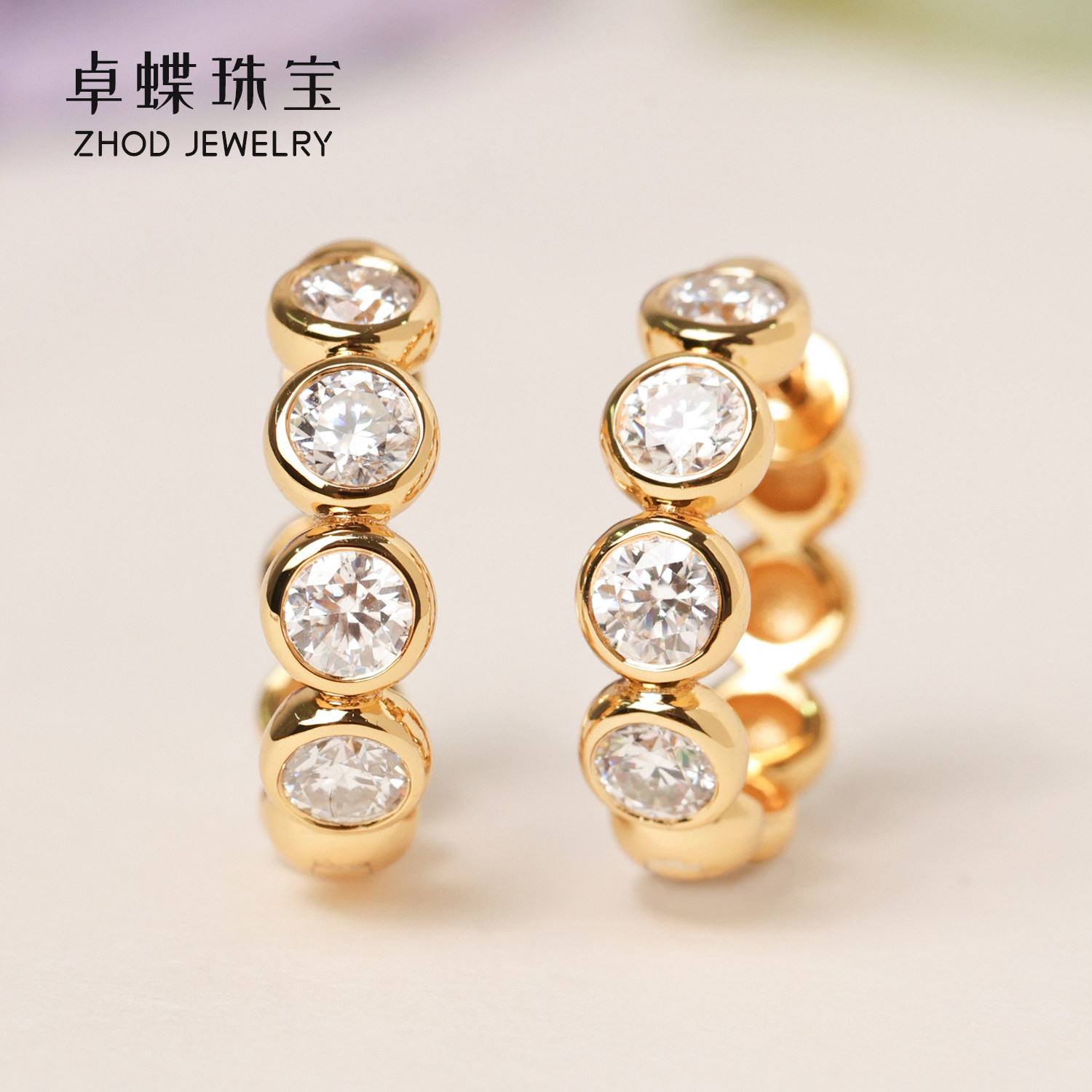 卓蝶珠宝纯银镀金莫桑钻耳环女高级感泡泡耳扣经典简约大气包镶钻