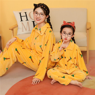 春秋亲子法兰绒睡衣母女家居服女童男孩加绒加厚珊瑚绒卡通套装
