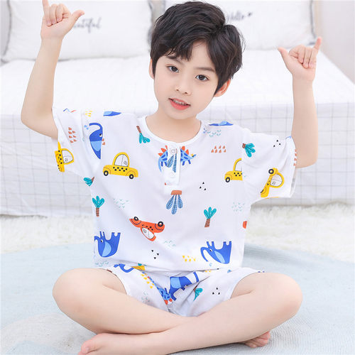夏季短袖短裤男童小孩绵绸家居服