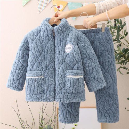 2024新款冬季儿童特厚睡衣男童法兰绒男孩大童三层夹棉拉链家居服