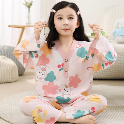 儿童绵绸睡衣套装夏季男孩女童薄款长袖宝宝小孩子棉绸空调服套装
