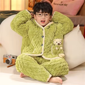 宝宝三层夹棉儿童加厚法兰绒睡衣秋冬季男童女童珊瑚加绒冬款男孩
