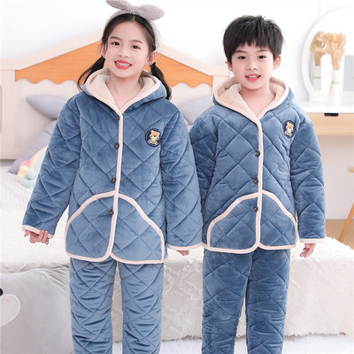 儿童三层加厚睡衣男女童法兰绒三层夹棉家居服宝宝棉袄中大童套装