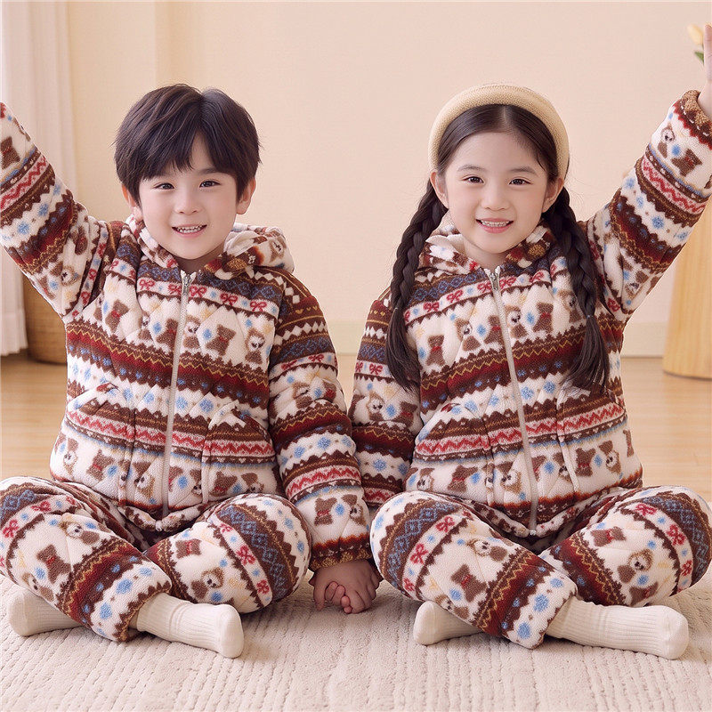 儿童睡衣男童三层夹棉加厚珊瑚宝宝特厚棉袄套装冬季家居服保暖服