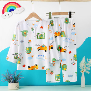 夏季棉绸儿童睡衣套装男童长袖薄款女童绵绸大童空调服小孩家居服