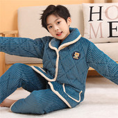 冬季 儿童睡衣男女童加厚法兰绒三层夹棉套装 珊瑚绒小孩宝宝家居服