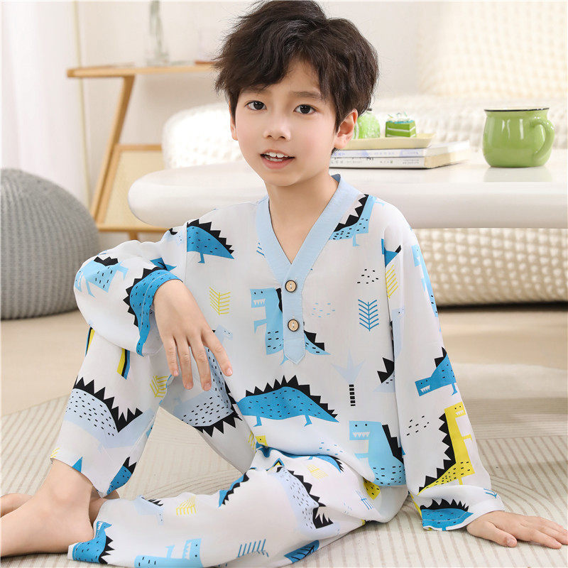 夏季2026新款儿童棉绸睡衣套装长袖长裤家居服男大童女童宝宝薄款