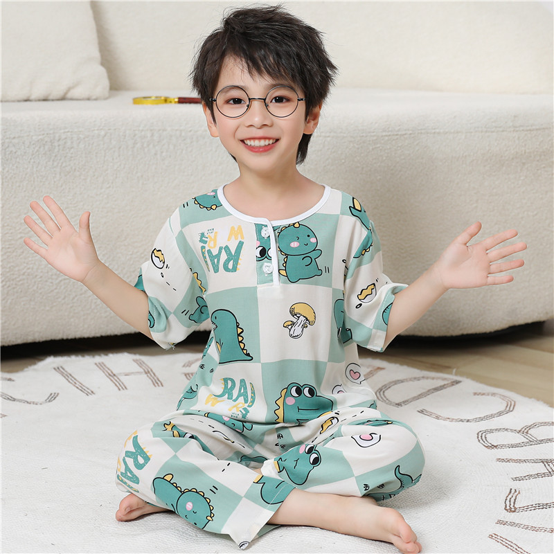 宝宝绵绸睡衣短袖长裤套装儿童纯棉绸人造棉家居服包邮空调服套装