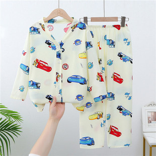 儿童睡衣男童女童纯棉绸长衣长裤男孩大童女孩宝宝开衫家居服套装