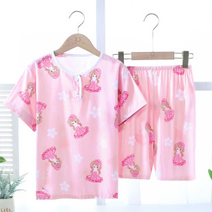 人造棉宝宝衣服夏儿童棉绸睡衣薄款 男女童绵绸套装 短裤 15岁 短袖