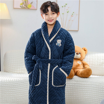 冬季法兰绒夹棉儿童睡袍长款男童三层加厚女孩棉袄保暖珊瑚绒浴袍