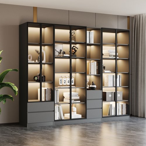 客厅一体整墙书柜带玻璃门