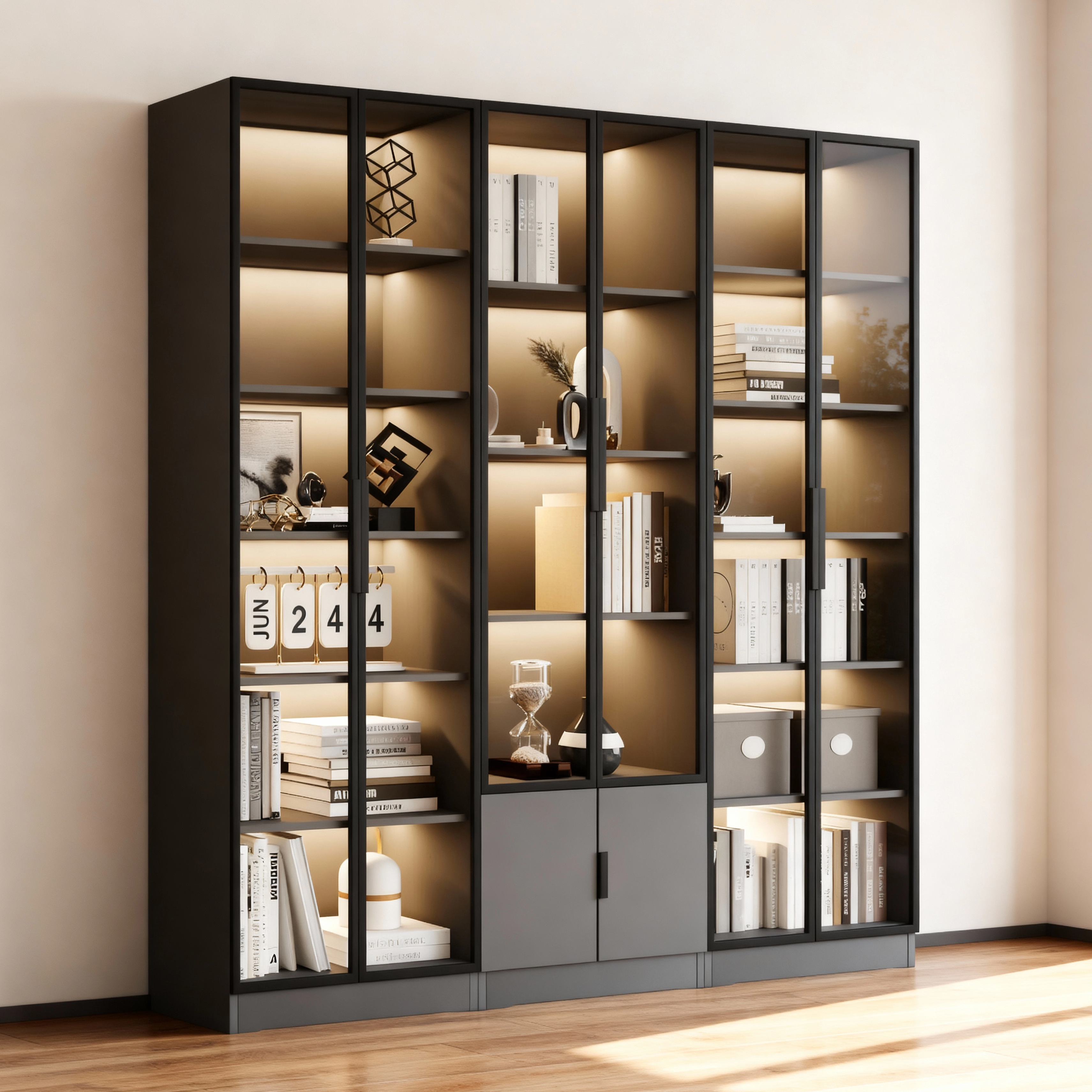 书柜带玻璃门展示柜定制轻奢酒柜家用客厅储物柜一体整墙到顶书柜