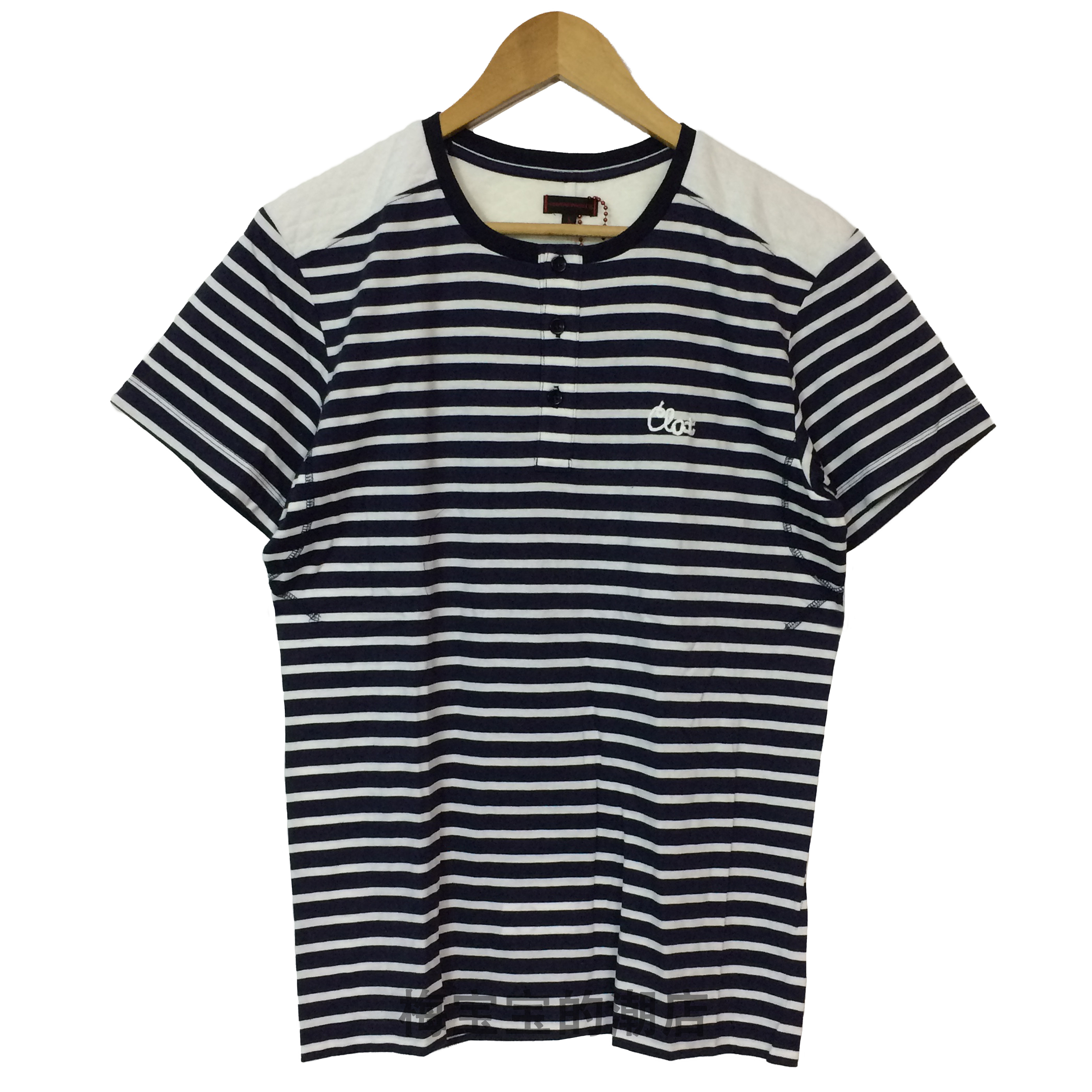全新正品CLOT QUILTED BORDER HENLEY TEE棉拼接条纹休闲短袖T恤
