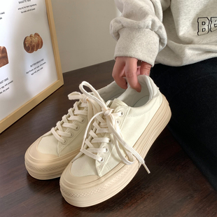 2025新款日系厚底帆布鞋女复古米色溶解增高大头鞋小众百搭小白鞋
