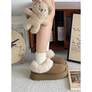 2025冬季厚底踩屎感毛绒保暖毛毛雪地靴女东北外穿加厚一脚蹬棉鞋