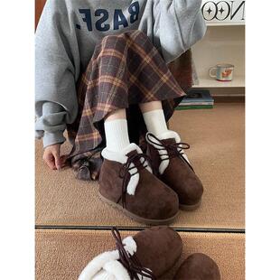 厚底增高胖头系带栗色复古棉鞋2024秋冬加绒加厚圆头保暖雪地靴女