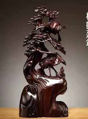黑檀木雕松鹤延年葫芦摆件实木家居客厅玄关酒柜电视柜红木工艺品