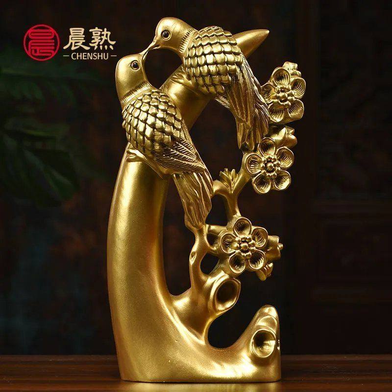 金色木雕喜上眉梢摆件家居客厅电视柜小鸟梅花喜鹊工艺品乔迁送礼,家居饰品,装饰摆件,淘宝优惠券,粉丝福利购,淘宝优惠卷