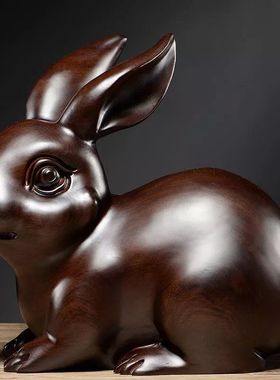 木雕兔子摆件实木质雕刻动物十二