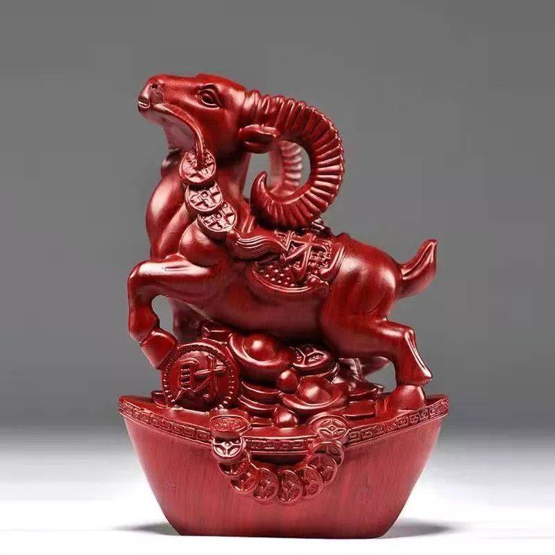 红花梨木雕山羊摆件十二生肖福财