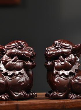 木雕麒麟摆件一对镇宅招财家居摆