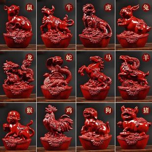 红花梨实木雕十二生肖摆件兔摆件客厅家居招财新款12生肖摆件全套