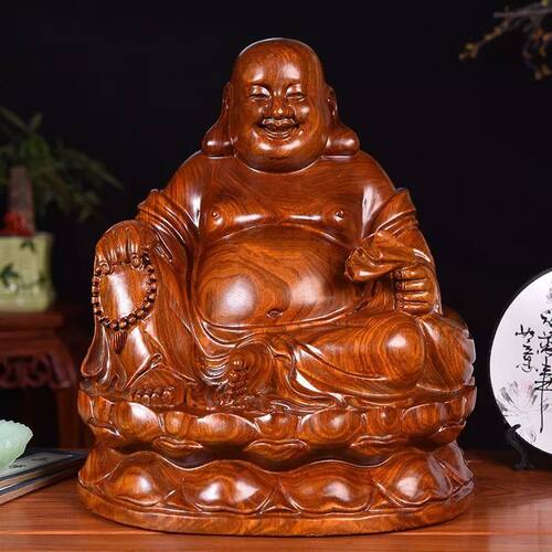 花梨木雕笑佛像大肚坐莲弥勒佛摆