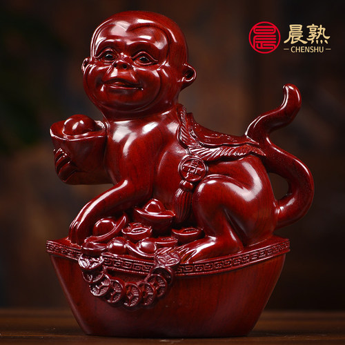 花梨木雕红色十二生肖摆件一套实