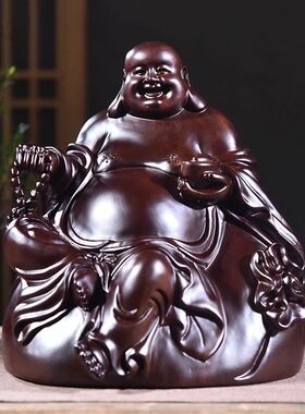 黑檀实木质雕刻弥勒佛像摆件坐式布袋笑佛红木家居客厅装饰工艺品