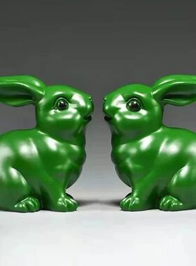 绿色木雕刻兔子摆件三合十二生肖实木头兔属兔家居客厅装饰品送礼