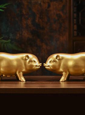 金色木质雕刻公母猪摆件十二生肖可爱猪家居客厅桌面摆设雕刻工艺