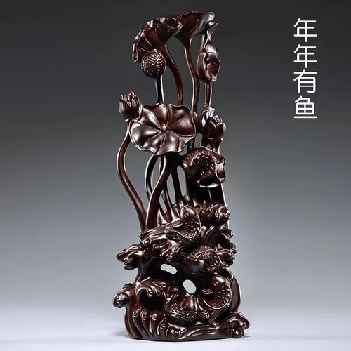 黑檀木年年有鱼根雕荷花雕刻摆件红木家居装饰工艺品开业乔迁送礼