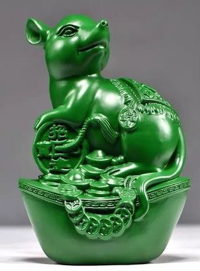 绿色木质老鼠摆件十二生肖木质鼠雕刻家居客厅装饰红木工艺品送礼